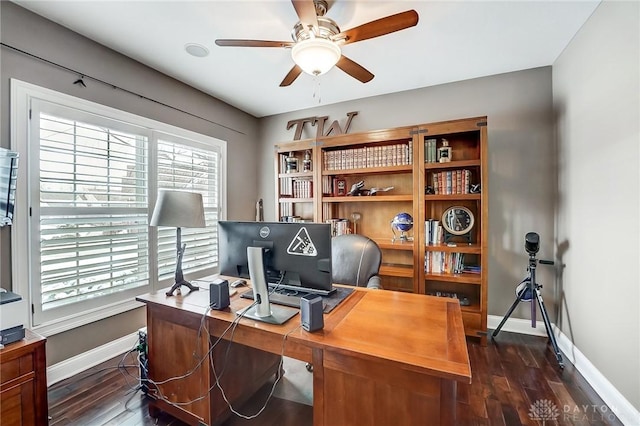 home office featuring ceiling fan, dark hardwood / wood-style flooring, and a wealth of natural light