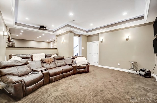 carpeted cinema featuring a tray ceiling and ornamental molding