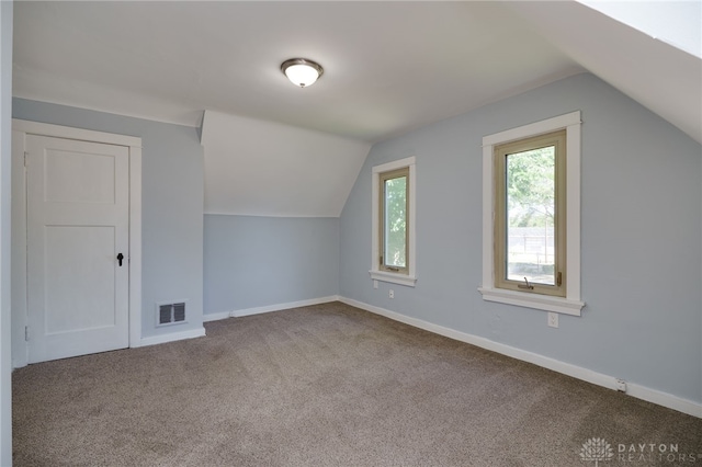 additional living space featuring carpet flooring and vaulted ceiling