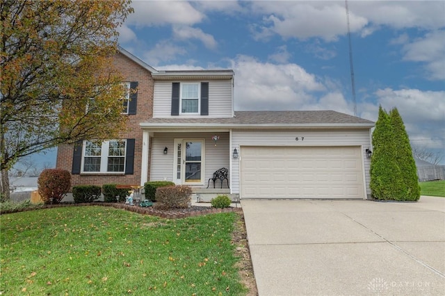 front facade with a front lawn and a garage