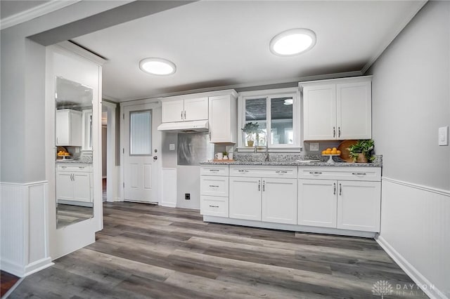 kitchen featuring a wainscoted wall, dark wood finished floors, white cabinetry, and light stone countertops