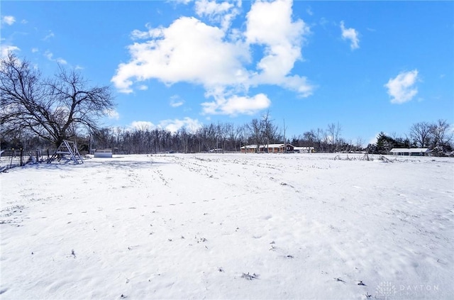 yard covered in snow featuring a garage