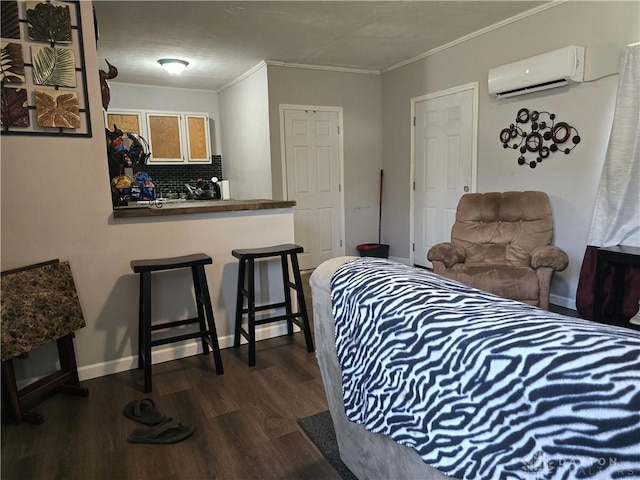 living room featuring dark wood-type flooring, ornamental molding, and a wall mounted air conditioner