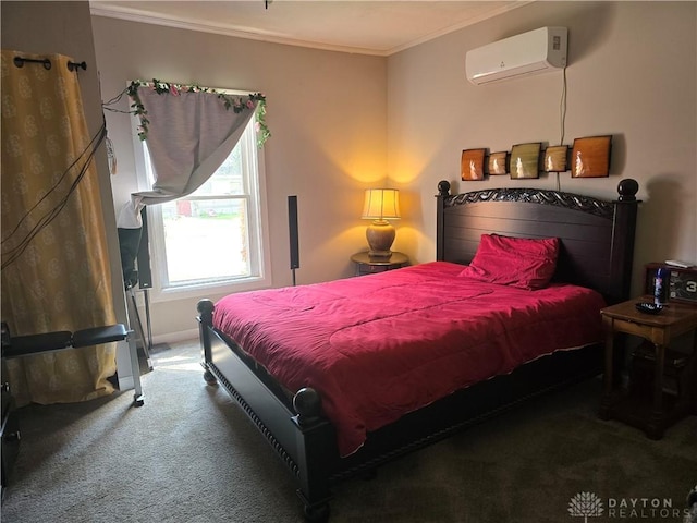 carpeted bedroom with an AC wall unit and ornamental molding