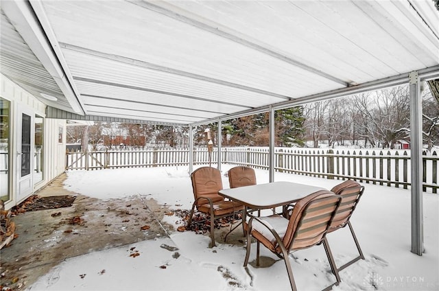 view of snow covered patio