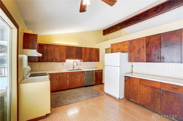 kitchen featuring sink, dishwasher, lofted ceiling with beams, white refrigerator, and light wood-type flooring