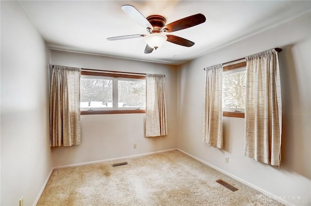 carpeted spare room with ceiling fan and a wealth of natural light