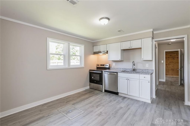 kitchen with stainless steel appliances, white cabinetry, light hardwood / wood-style floors, and sink