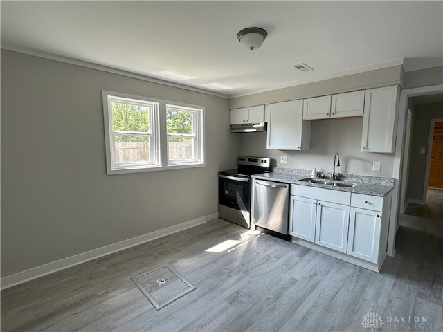 kitchen with stainless steel appliances, white cabinetry, and sink