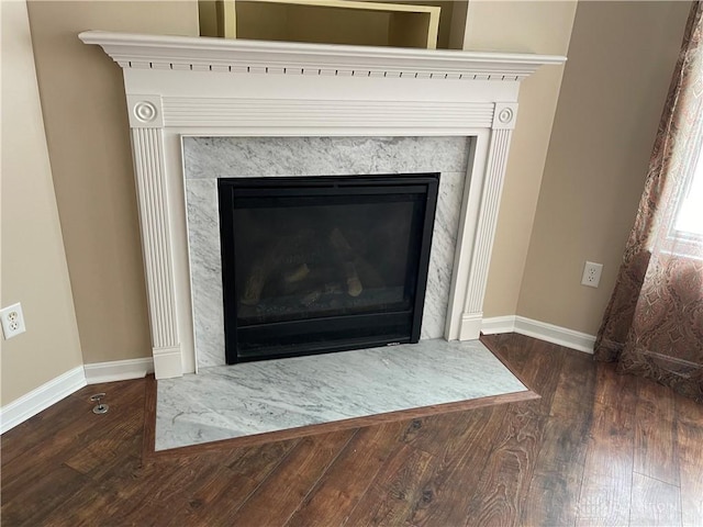 interior details with a high end fireplace and hardwood / wood-style flooring