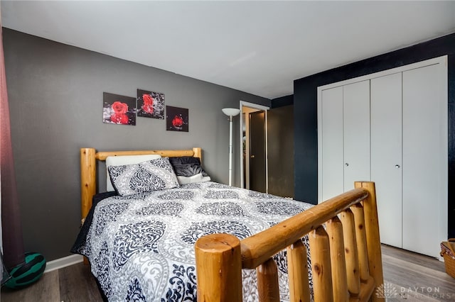 bedroom featuring wood-type flooring and a closet