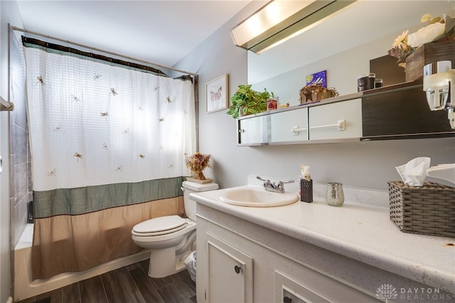 full bathroom featuring vanity, shower / bath combo, and toilet