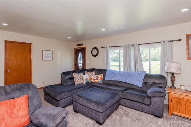 living room with carpet flooring, recessed lighting, and visible vents