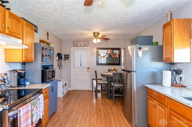 kitchen with a ceiling fan, light wood finished floors, under cabinet range hood, appliances with stainless steel finishes, and tasteful backsplash