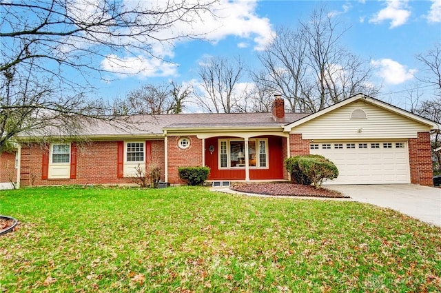 single story home with a front yard and a garage