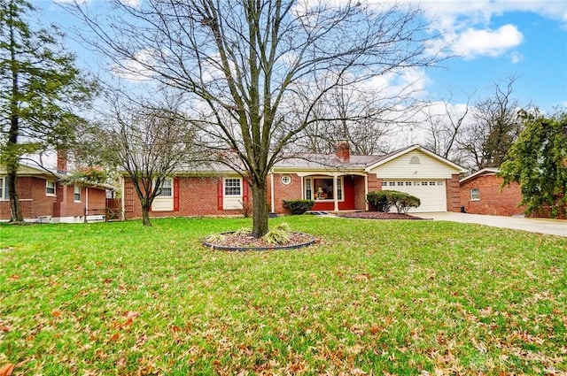 ranch-style home featuring a garage and a front lawn