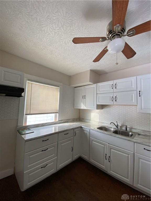 kitchen featuring white cabinets, ceiling fan, and sink