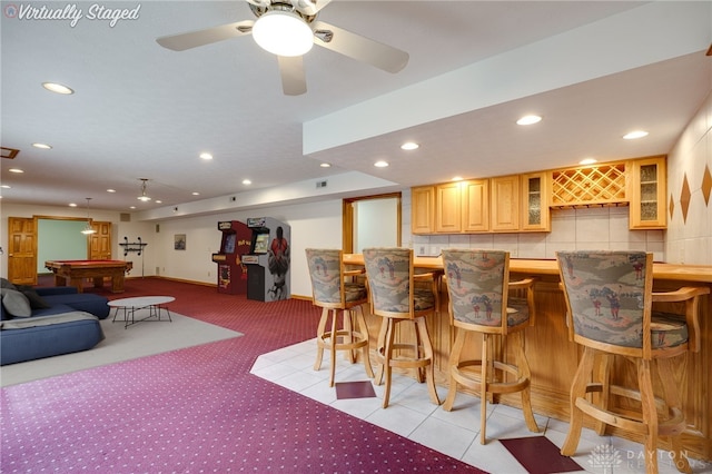 bar featuring ceiling fan, billiards, and light carpet