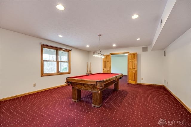 playroom featuring billiards and dark colored carpet