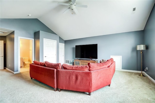 carpeted living room featuring ceiling fan and lofted ceiling