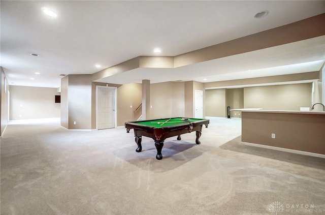 game room featuring light colored carpet and pool table