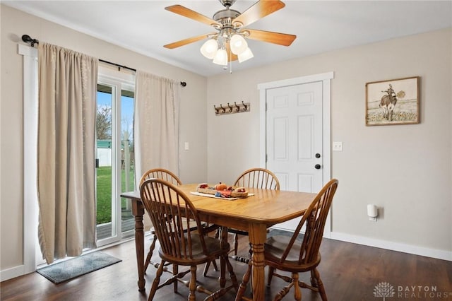 dining room with ceiling fan and dark wood-type flooring