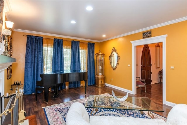 living room featuring dark wood-type flooring and ornamental molding