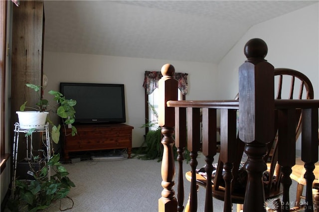 interior space with carpet flooring, a nursery area, and vaulted ceiling