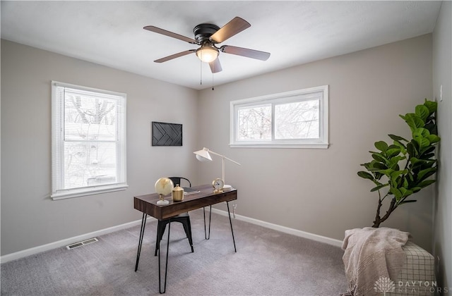 office area featuring carpet and ceiling fan