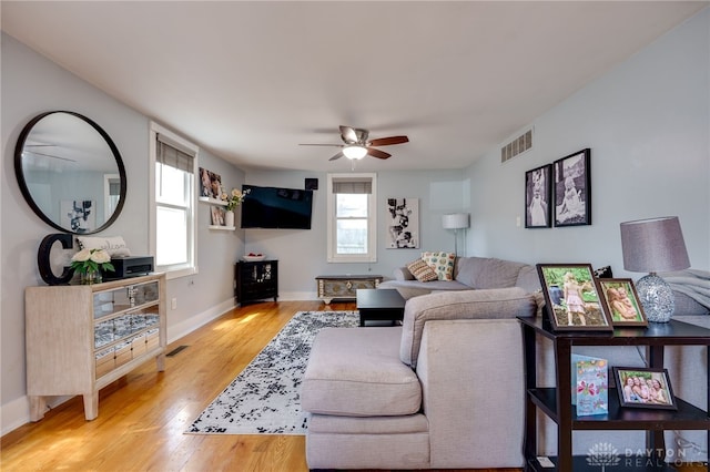 living room with ceiling fan and light hardwood / wood-style floors