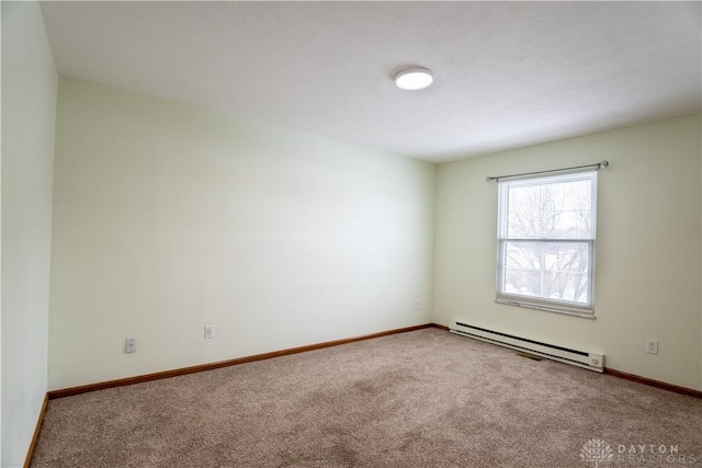 empty room with carpet floors and a baseboard heating unit