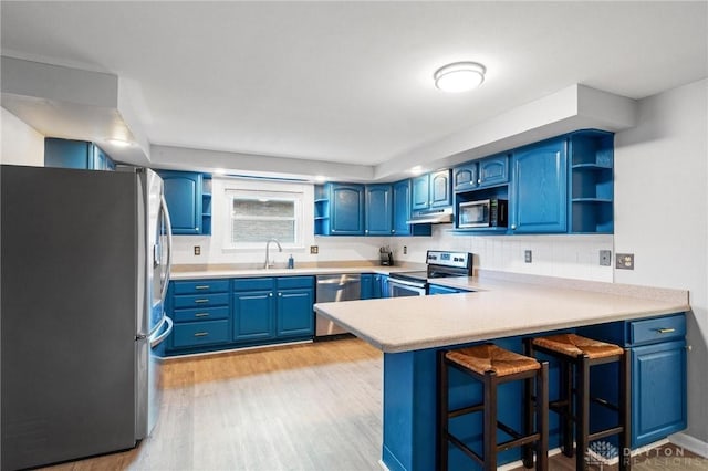 kitchen with kitchen peninsula, sink, stainless steel appliances, and blue cabinets