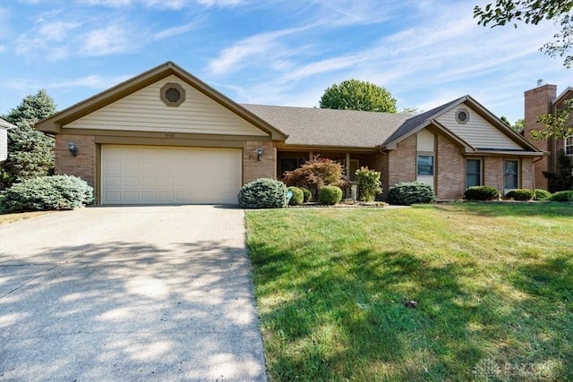 ranch-style home with a front lawn and a garage