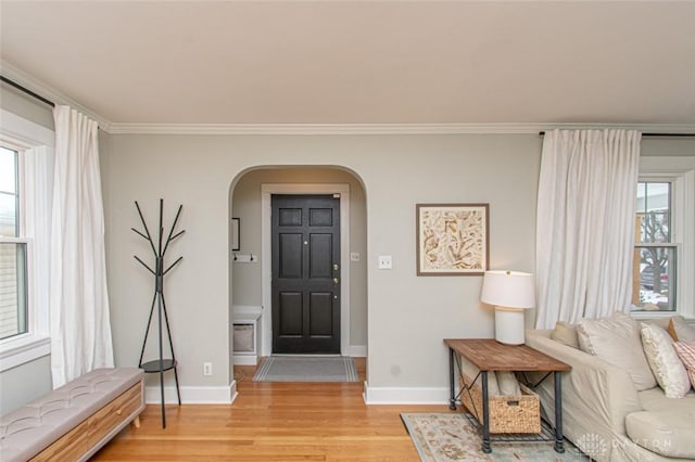 foyer with ornamental molding, plenty of natural light, and light hardwood / wood-style floors