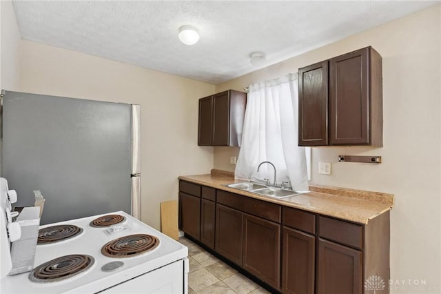 kitchen featuring white range with electric cooktop, light countertops, freestanding refrigerator, a sink, and dark brown cabinetry