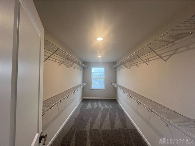 spacious closet with dark colored carpet