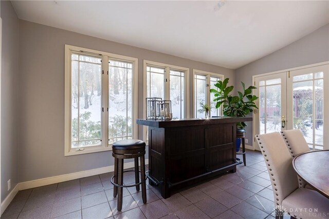 interior space featuring french doors, vaulted ceiling, and a wealth of natural light