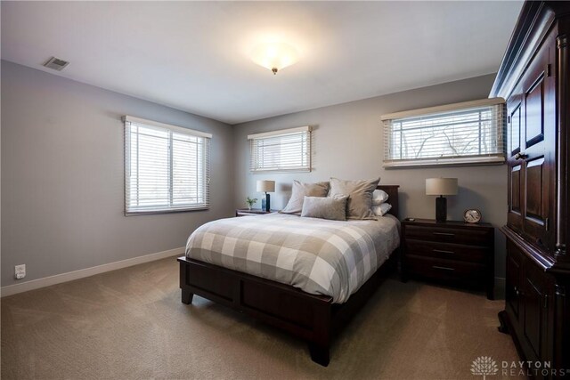 carpeted bedroom featuring multiple windows