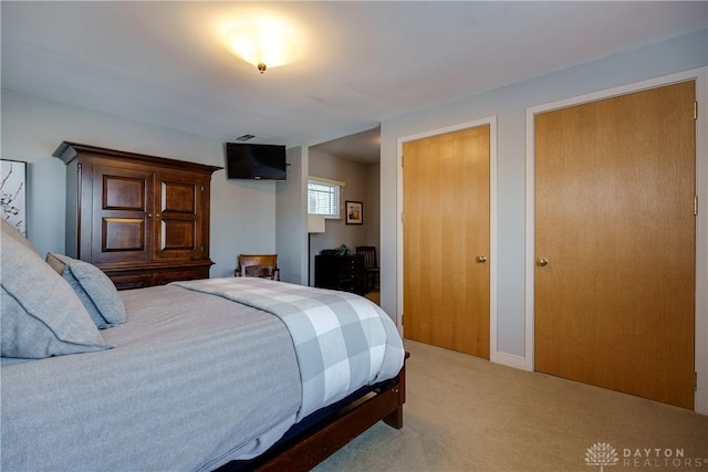 carpeted bedroom with two closets