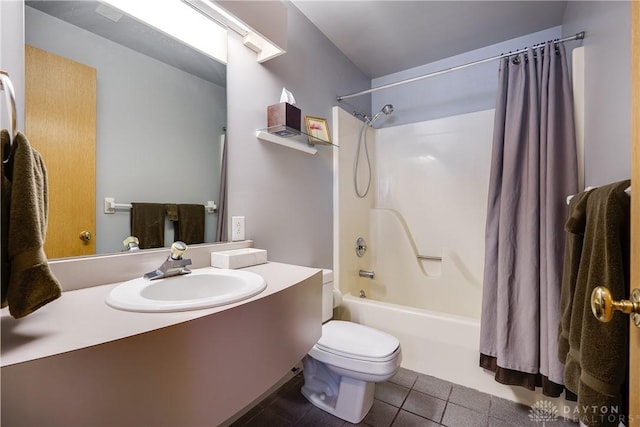 full bathroom with toilet, tile patterned floors, shower / bathtub combination with curtain, and vanity