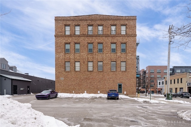 view of snow covered building