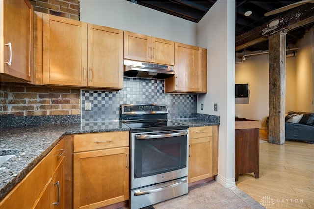 kitchen with light wood-type flooring, tasteful backsplash, dark stone counters, and stainless steel electric range