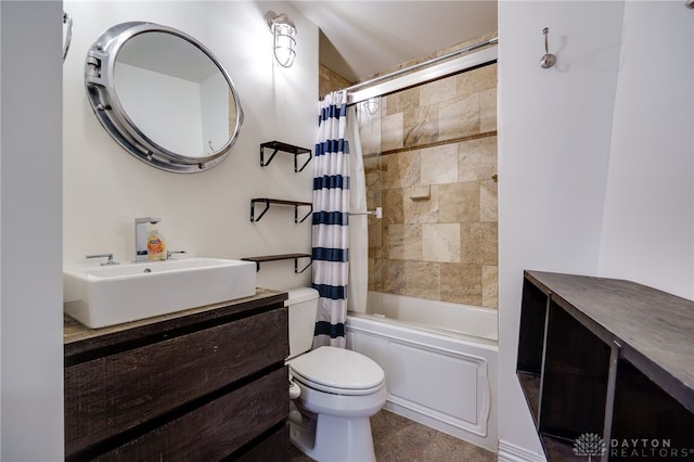 full bathroom with toilet, vanity, and shower / bathtub combination with curtain