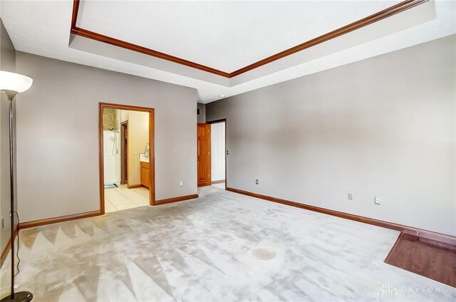 carpeted empty room with a raised ceiling