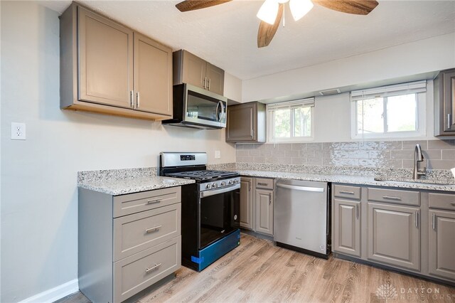 kitchen featuring gray cabinetry, light wood-style flooring, a ceiling fan, a sink, and appliances with stainless steel finishes