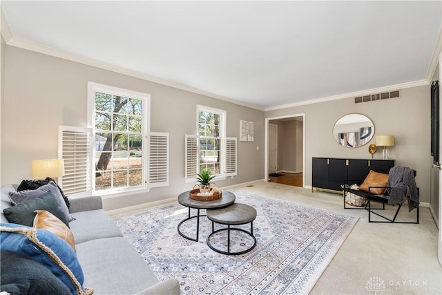 living room featuring light carpet and crown molding