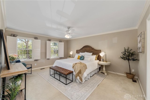 bedroom featuring ceiling fan, light colored carpet, and ornamental molding