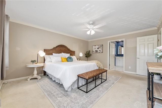 bedroom featuring ceiling fan, crown molding, connected bathroom, and light carpet