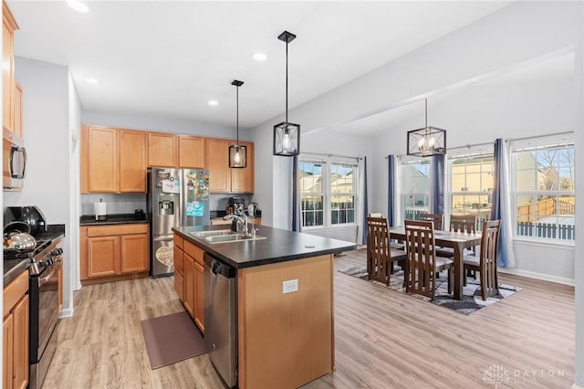 kitchen with stainless steel appliances, an island with sink, sink, light hardwood / wood-style flooring, and decorative light fixtures