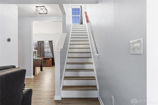 stairs with hardwood / wood-style flooring